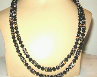 Vintage Venetian Millefiori Black French Jet Beaded Multi-Strand Necklace, 24"