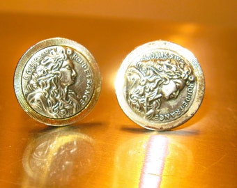 Gold Tone French small coin Cufflinks with Louis 14th Roi de France