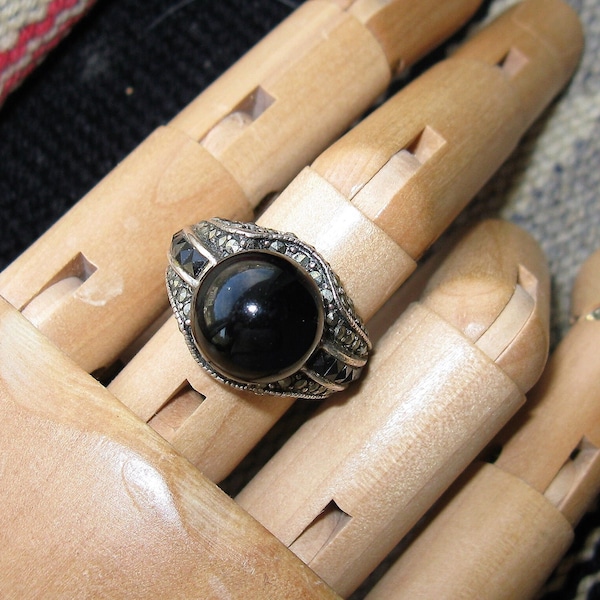 Dramatic Chunky Sterling Marcasite/Onyx/Black Crystal Dome Ring Sz 8