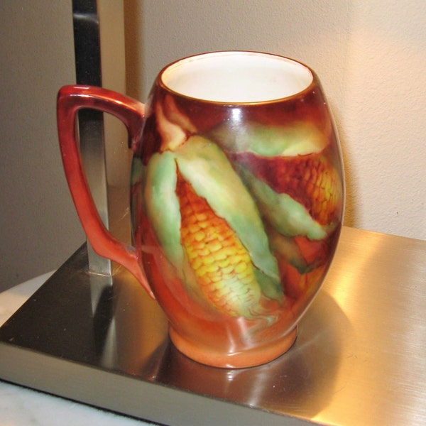 Antique Hand Painted Porcelain Tankard Stein Mug, Unusual Corn Design! 5" tall