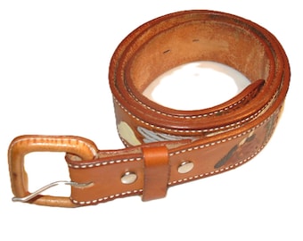 Ceinture western vintage en cuir repoussé : motifs chevaux et aigle, taille 40