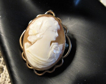 Vintage Carved Shell Cameo Brooch Pendant: Gold Filled Chain