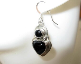 Handcrafted Sterling and Onyx Heart Dangle Earrings