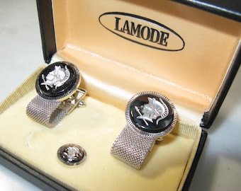 Gemelos y alfiler de corbata vintage de Lamode en su caja original ~ Perfil de soldado romano de hematita