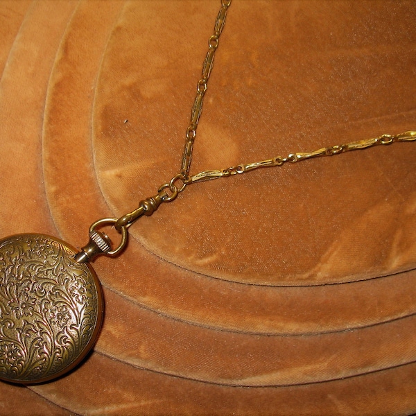 Retro Edwardian Victorian style brass Watch Chain with Locket Fob Necklace