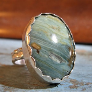 Chunky Sterling Silver & Oval Cut Jasper Statement Ring Size 8.25
