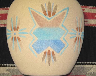 Vintage Navajo Sand Art Pottery Vase with Original Paperwork, Flat Profile