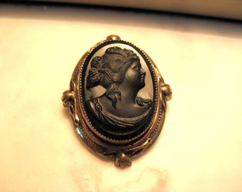 Vintage/Antique Large Costume molded black Cameo Pin-Brooch-~ 2" x 1.5."