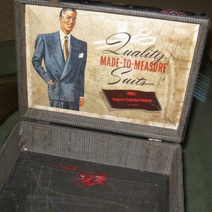 Cool Vintage 1950's Progress Tailoring Salesman's Sample Small Suitcase for Samples, 13"x10"x4" for shop, show, vintage tie collection, etc