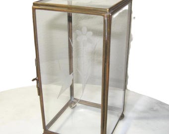 Vintage Miniature Table Top Curio, Hummingbird etched glass Hinged Box