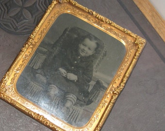 Vintage 1880's Antique tintype portrait of little Boy in stripped socks, 1/6th Plate with glass & brass matting, Victorian Child Photograph
