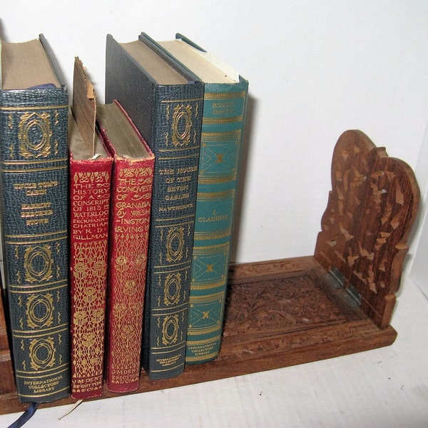 Vintage Hippie Boho Carved Wood Desk Top Book Holder, hand-carved in India, sandlewood,  Book Stand, Bookends