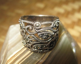 Sterling and Marcasite Ring, Thick scrolling design Band, size 7.5