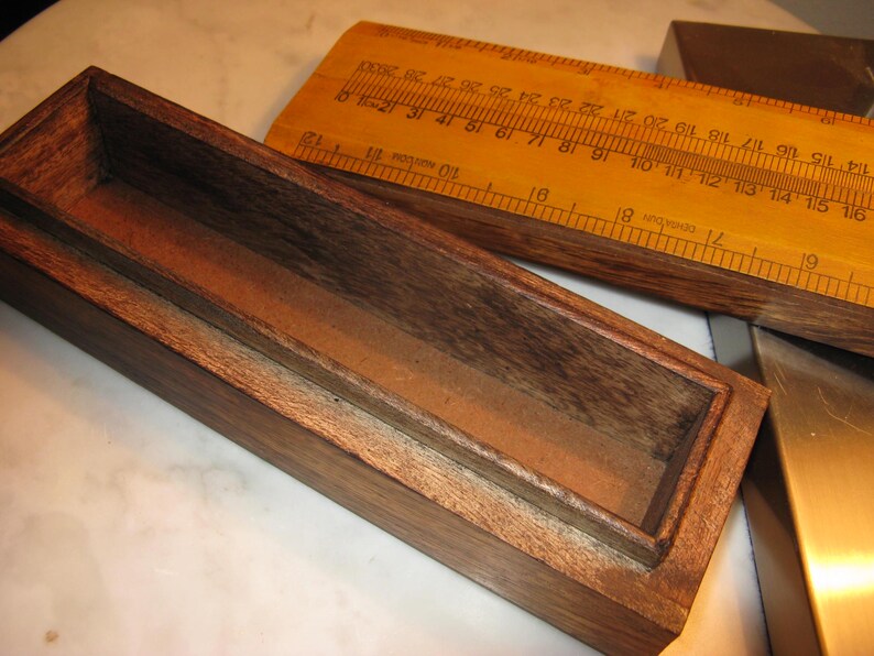 Vintage Reclaimed Wood Box With Ruler Lid, Use for Brushes, Pens ...