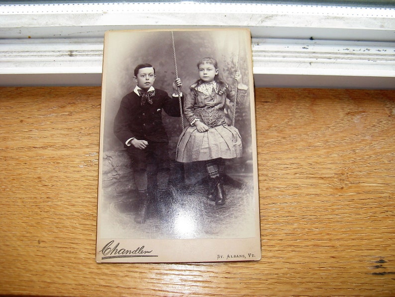 St Albans Antique 1890s Cabinet Card adorable Little Girl on a Swing with her Brother VT