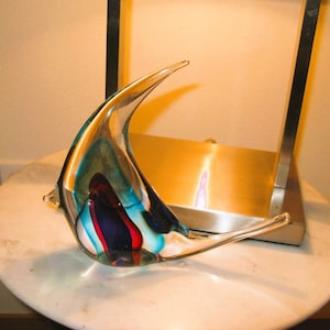 Colorful striped Murano style thick cased glass Angel Fish, paperweight, sculpture, figurine, 7.5&quot; Tall