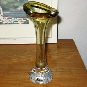 MCM Vintage SEDA  Sweden amber glass with Bullicante bubble glass base 7&quot; Bud Vase with Original Foil Sticker, Swedish Hand Made glass