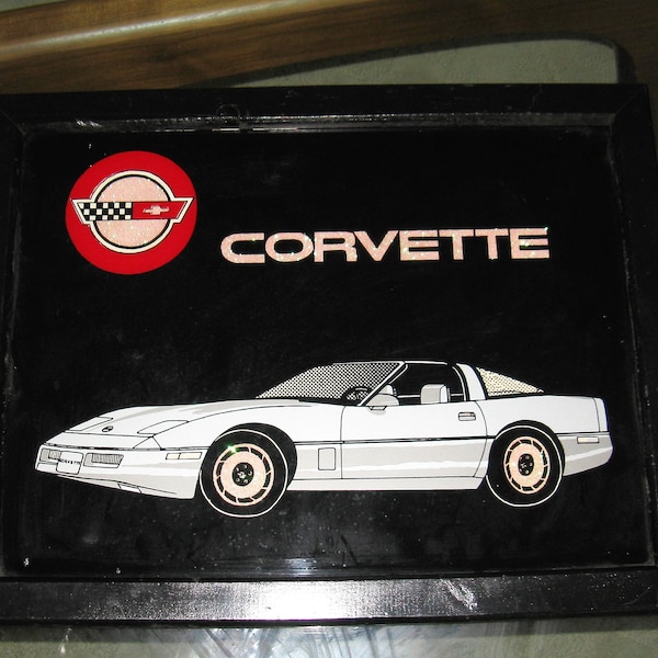 1980's Vintage Corvette publicité Signe, signe de pub, caverne d'homme, signe de taverne, dos peint sur le verre, 18" x 13 3/4"