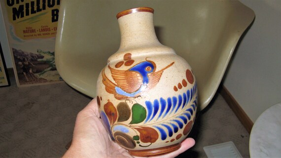 ヴィンテージ トナラ メキシカンフォークアート花瓶：砂岩仕上げ、青い