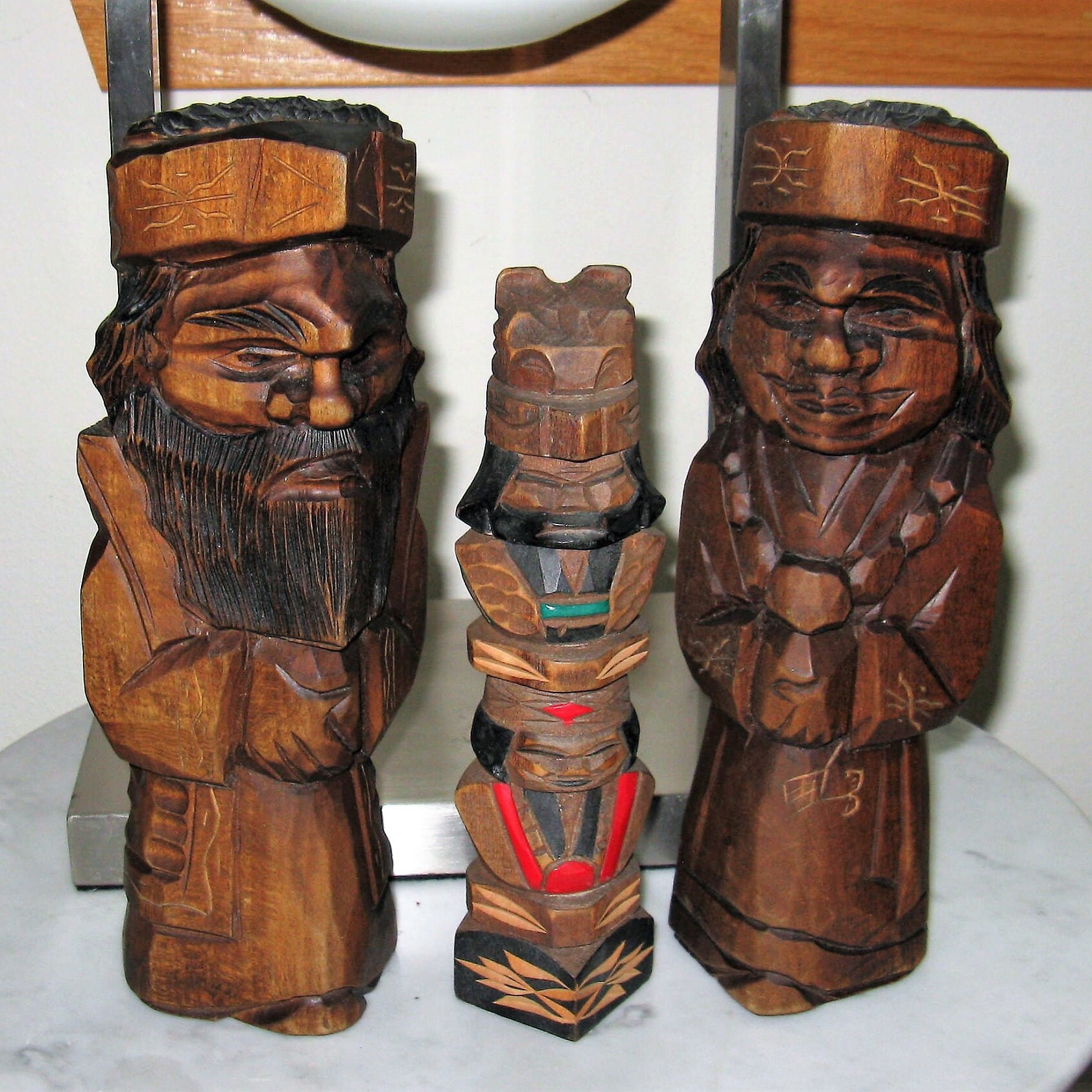 1960's Ainu Nipopo Garniture of 3 Carved Wood Dolls, Japan