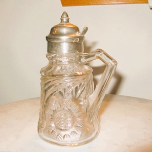 Antique 1900 Pressed and Handblown Syrup dispenser with Metal Top, 7" Tall