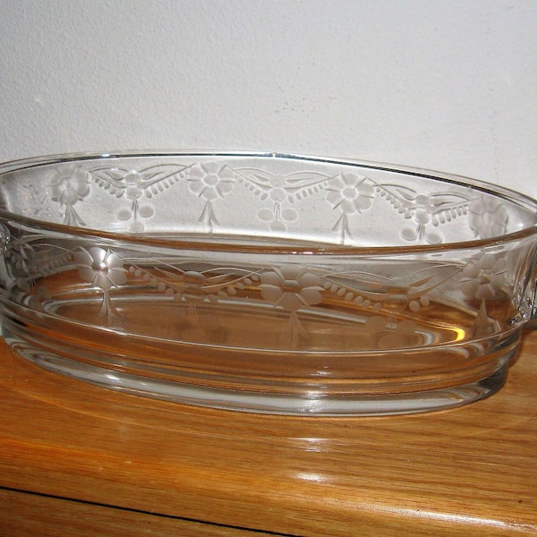 1930's Art Deco style Console Bowl Glass Bowl clear glass with etched Floral detail