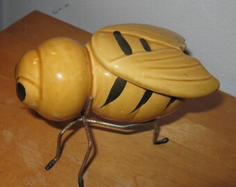 Vintage Ceramic Honeybee Shaped Honey Pot on brass Metal holder