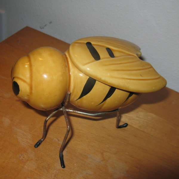 Vintage Ceramic Honeybee Shaped Honey Pot on brass Metal holder