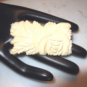Vintage to Antique deeply Carved Cream colored Bar Pin Brooch ~ LARGE size!
