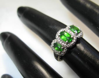 Sterling Silver Three Stone Green Halo Ring 5
