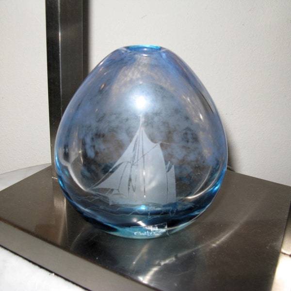 Caithness Glass Scotland Yacht at Sea Vase Paperweight Signed. Dennis Mann 6”, mouth Blown glass.