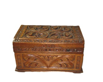 Vintage Mexican hand Carved Wood Document chest with Patina