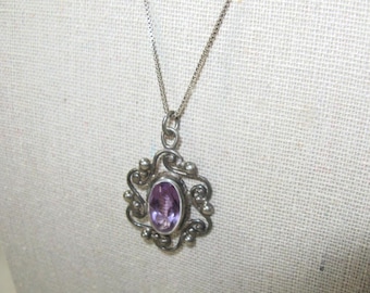 Vintage Nouveau style Sterling Silver w/Purple Paste Pendant Necklace