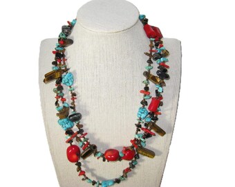 Semi-Precious Gems Coral Multi Strand Multi-Strand Beaded SW Fetish Style Necklace
