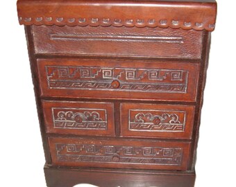 VTG Peruvian Carved Leather Vanity Chest – Cusco School Design, Velvet‑Lined Drawers, Mirror Lid