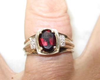 Gold on Sterling Garnet and Diamond ring, Sz 9 3/4, Unisex