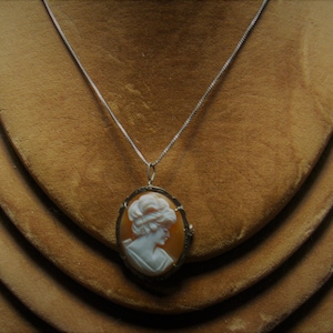 Vintage Shell carved Cameo, Silver with marcasite Bezel, Cameo Brooch Pendant, on sterling box chain