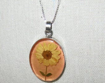Yellow Daisy Flower encased in Lucite Pendant Necklace Set in Sterling Silver