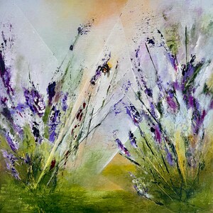 May include: Abstract painting of lavender flowers in a field. The artwork features a vibrant mix of purple, green, and yellow hues. Brushstrokes create a textured effect, with a sense of movement and depth. The painting evokes a feeling of nature and tranquility.