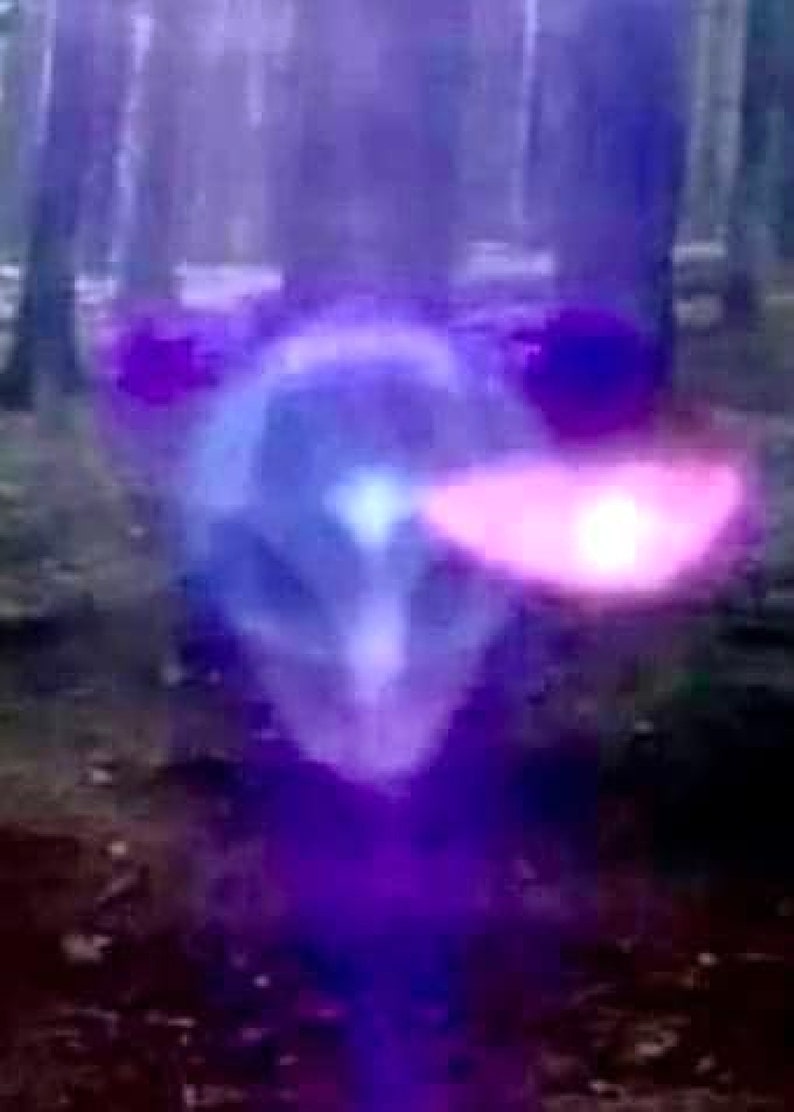 K&ouml;nnte beinhalten: Eine wirbelnde blaue und violette Kugel, aus der ein helles pinkfarbenes Licht strahlt. Die Kugel ist von einem verschwommenen Hintergrund aus B&auml;umen umgeben.