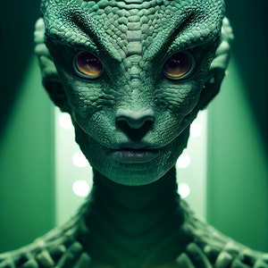 K&ouml;nnte beinhalten: Nahaufnahme eines gr&uuml;nen Au&szlig;erirdischen mit reptilienhauter Haut und gro&szlig;en, goldenen Augen. Der Au&szlig;erirdische hat einen ernsten Gesichtsausdruck und wird von einem hellen Licht beleuchtet.