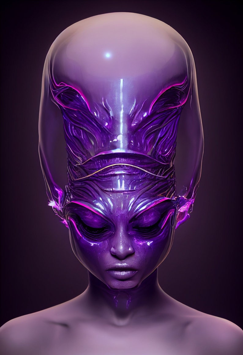 K&ouml;nnte beinhalten: Eine violette, au&szlig;erirdisch anmutende Figur mit einem glatten, gl&auml;nzenden Kopf und geschlossenen Augen. Die Figur tr&auml;gt ein Kopfst&uuml;ck mit komplizierten Details und einer gl&auml;nzenden Oberfl&auml;che.