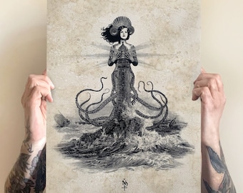 The Lighthouse, unframed print, fine art printed on matte paper textured aged quality 300gsm,sea, gothic art, mysterious woman, dark art