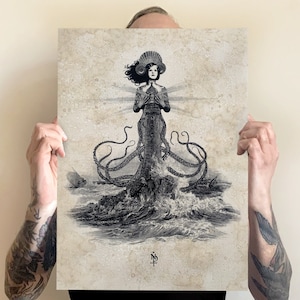 The Lighthouse " protettrice dei mari" stampa fine art, illustrazione stampata su carta martellata anticata avorio 300gr, tempesta, salvezza
