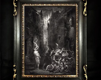 May include: A framed black and white print depicting a dark, narrow street scene with figures interacting with ethereal, tentacle-like forms. The artwork is encased in a rectangular black frame featuring ornate gold-toned corner accents and trim.