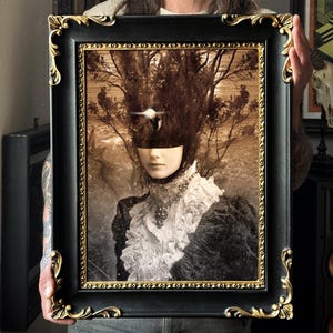 "The Forest Will Grow", kunstprint, gemonteerd op een handgemaakte zwart-gouden lijst, vintage wanddecoratie in donkere academische stijl.