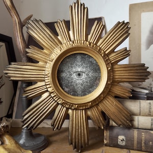 Sovereign Enigma handmade sun circle frame baroque frame, complete with prints, glass and metal hook, black with gold finish, gothic, art
