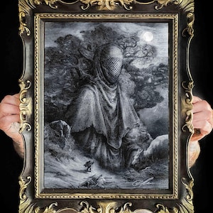 Moonbound Wolf, stampa fine art montata su cornice artigianale, completa vetro e gancio in metallo, colore nero con rifiniture oro, gotico
