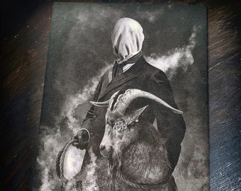 The Seed, fine art matte paper on textured aged quality 300gsm paper, mysterious man with goat, lovecraft, horror illustration, design