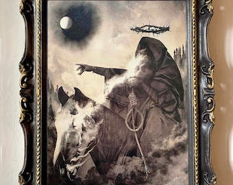 May include: A black and white illustration of a hooded figure riding a skeletal horse through a foggy landscape. The figure is wearing a crown of thorns and pointing towards the moon.
